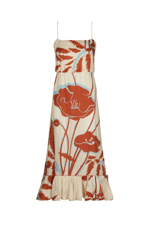 Madeira Linen Midi Dress / Ecru - Orange Gladiolos